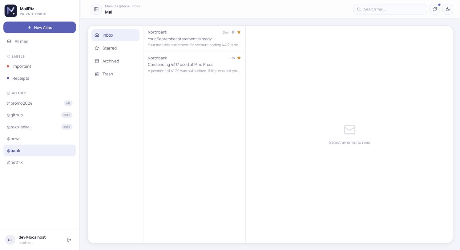 The mailbox scoped to one alias: only that alias’s mail is listed, and the
breadcrumb reads MailRiz / @bank · Inbox