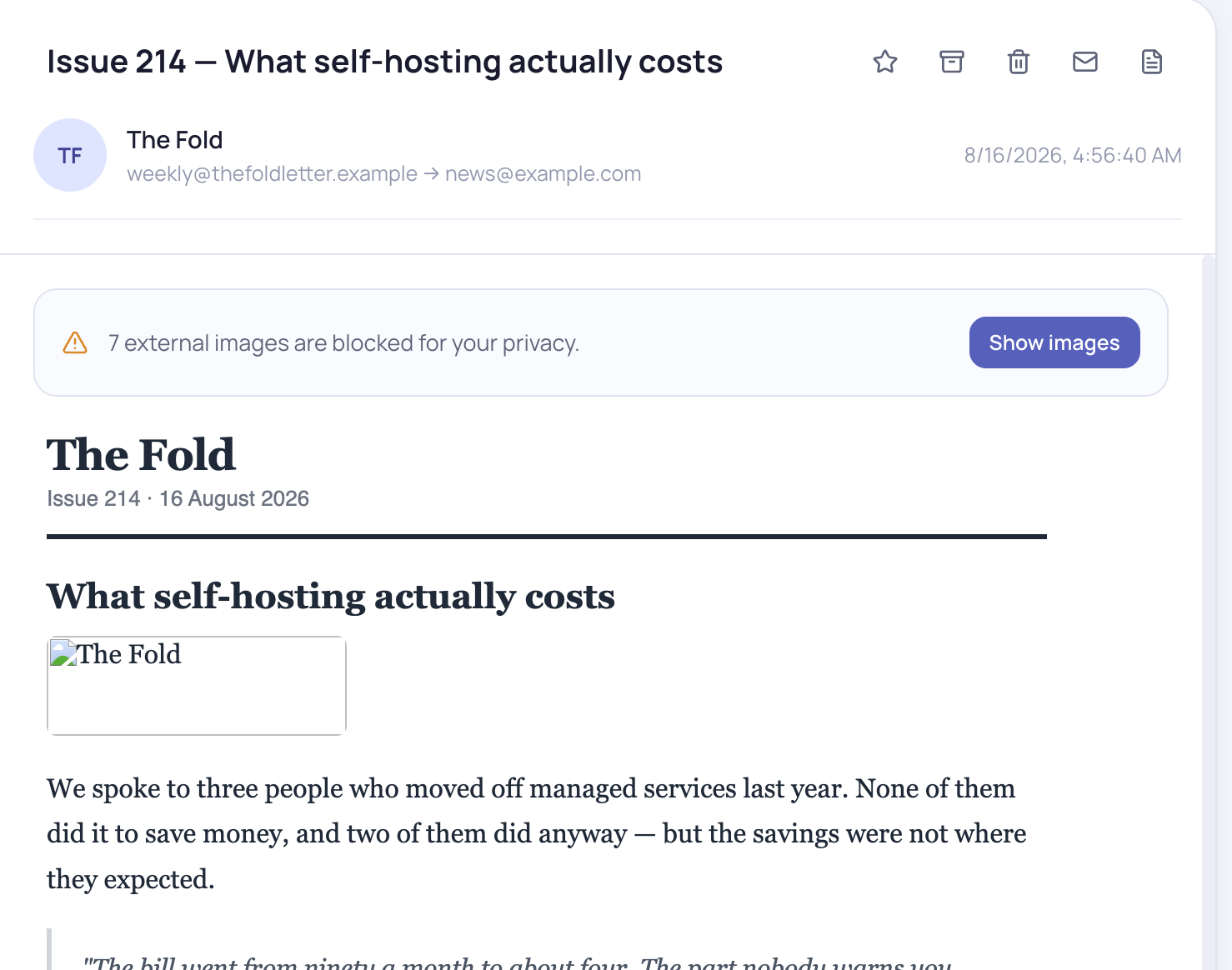 A newsletter with the blocked-images notice above it; the pictures show as
empty frames until allowed