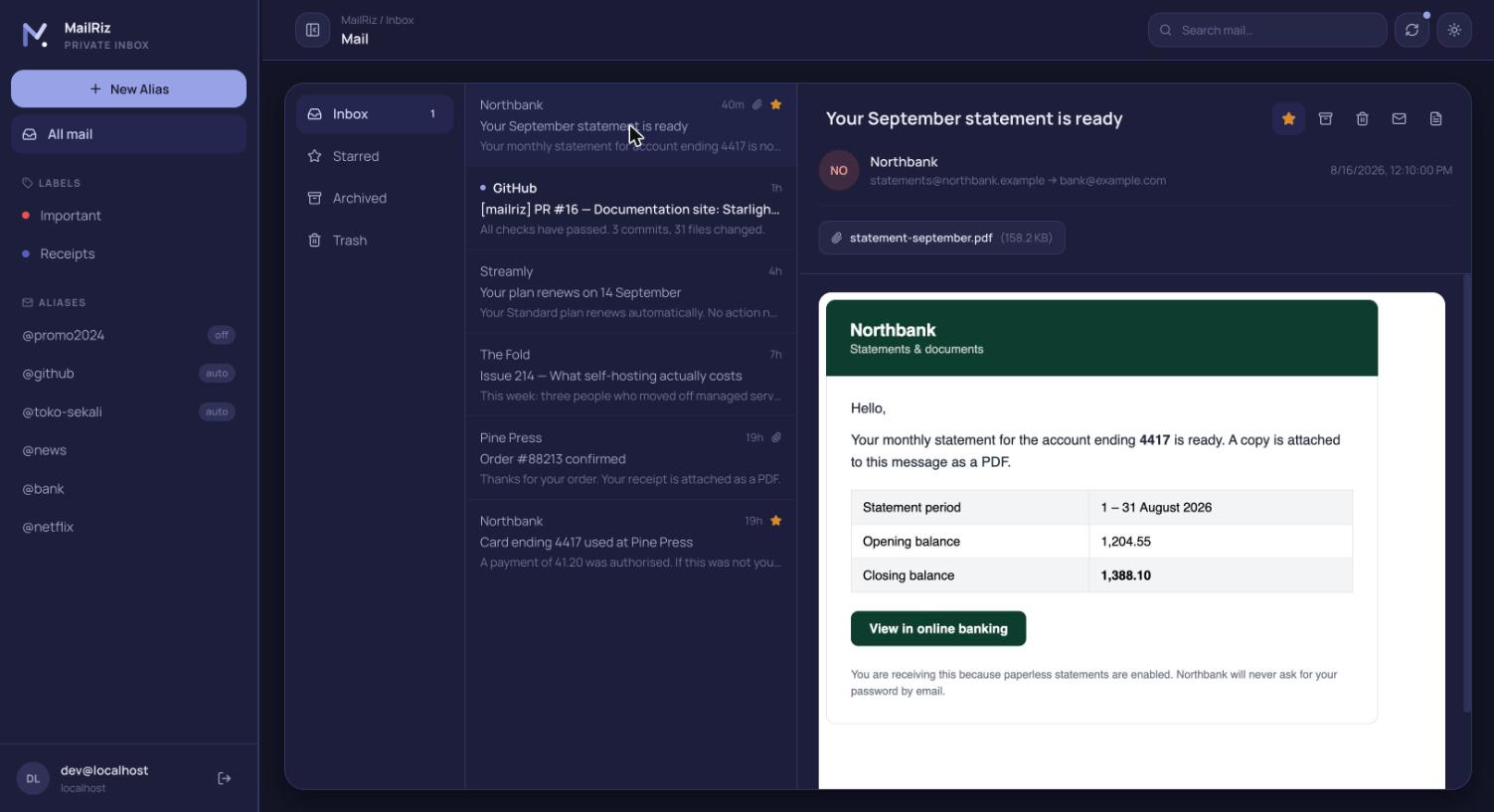 The dashboard in dark mode, with the message body still on its own light
background